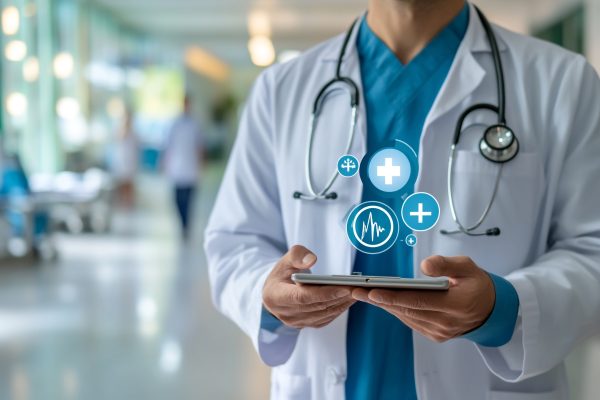 Klinikarzt mit Tablet